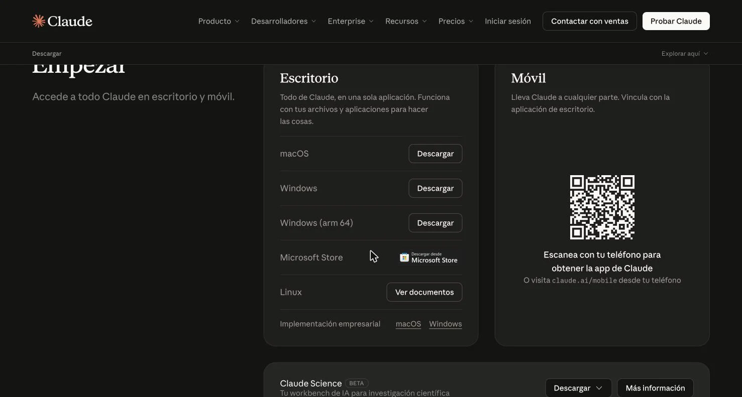 Página de descarga de Claude con los botones para macOS, Windows y el código QR para el móvil