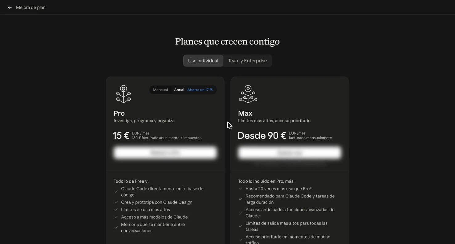 Pantalla de mejora de plan de claude.ai con los planes Pro y Max y su precio en euros
