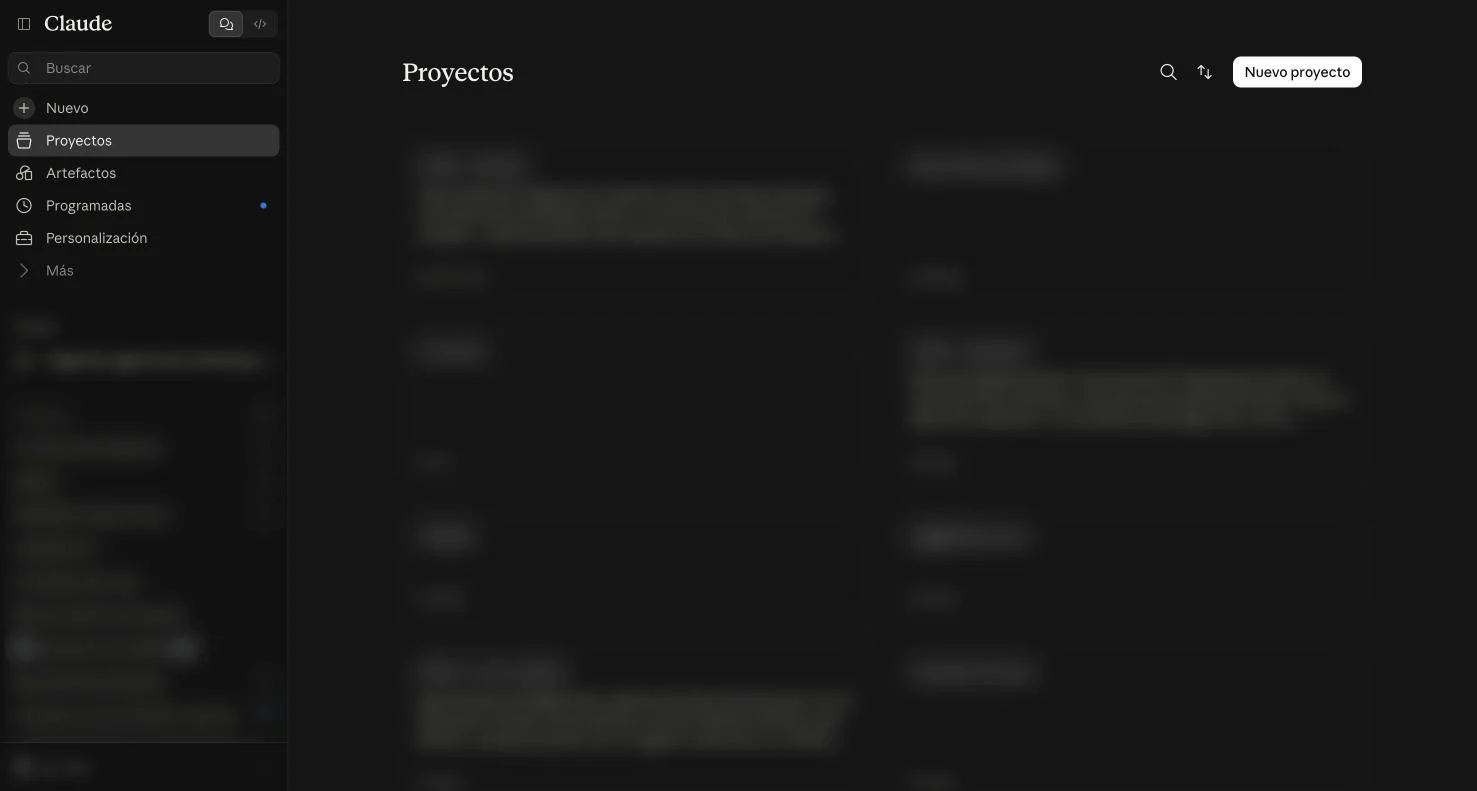 Pantalla Proyectos de claude.ai con el botón Nuevo proyecto arriba a la derecha