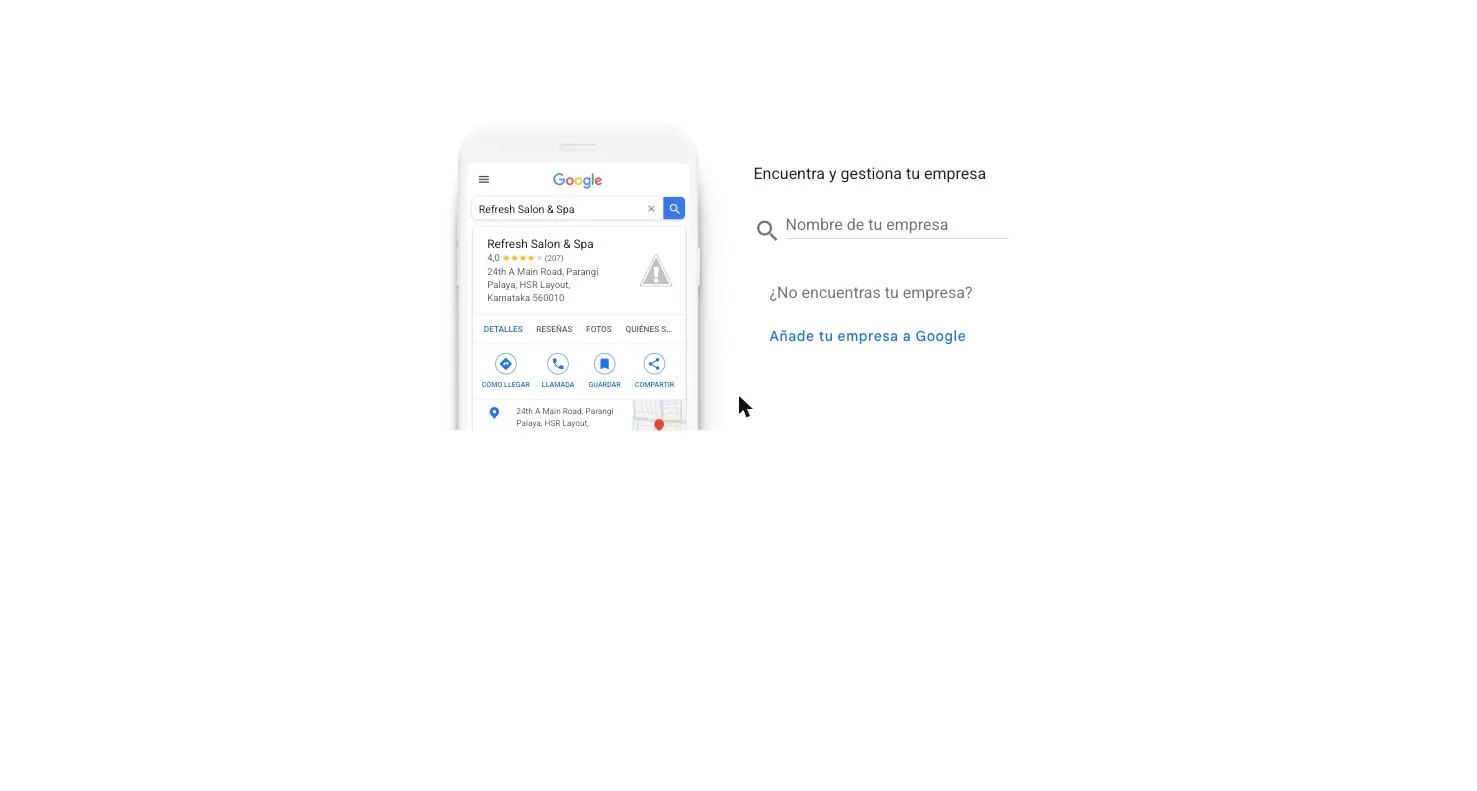 Página de Perfil de Empresa de Google con el buscador Encuentra y gestiona tu empresa y el enlace Añade tu empresa a Google