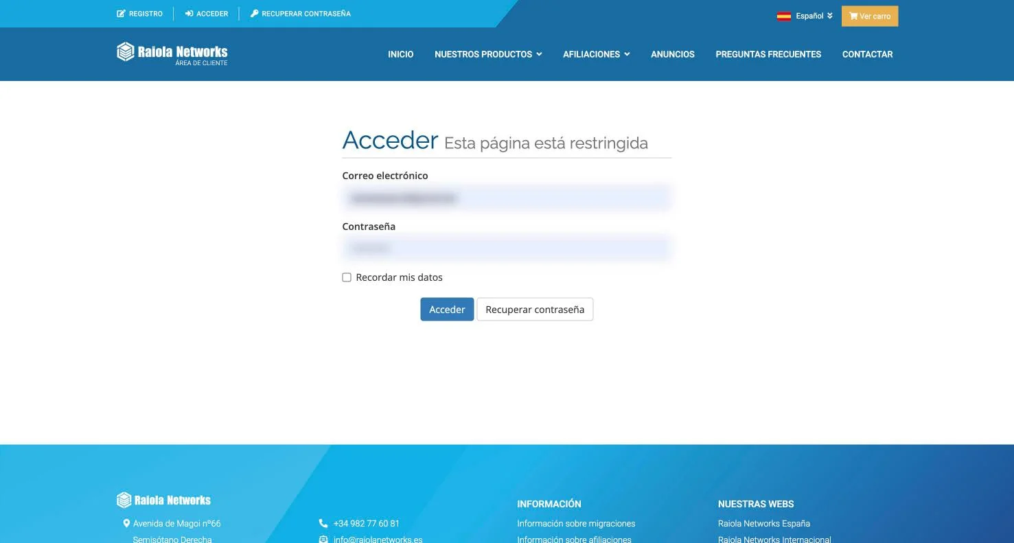 Página Acceder del área de cliente de Raiola con los campos Correo electrónico y Contraseña