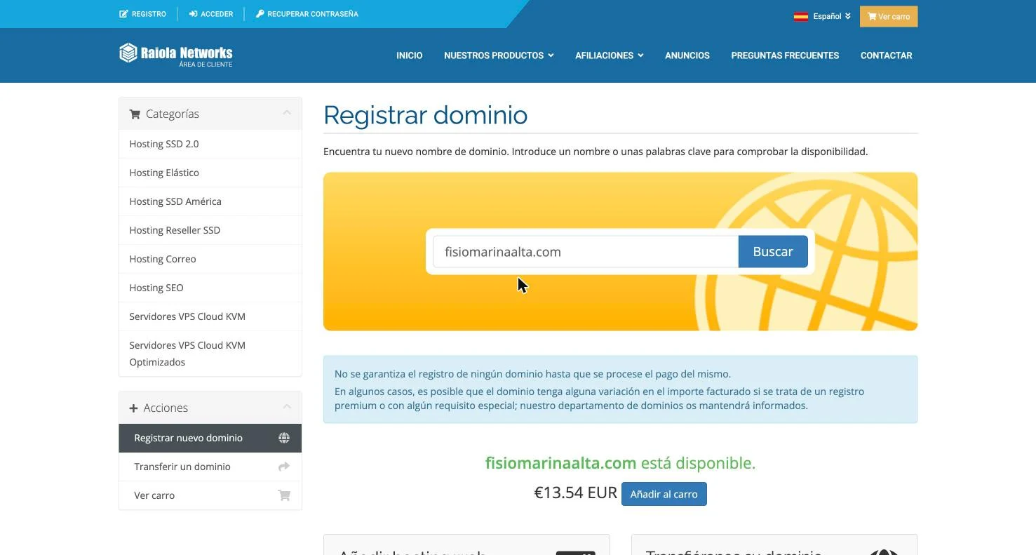 Resultado de búsqueda en Raiola con el dominio disponible y su precio