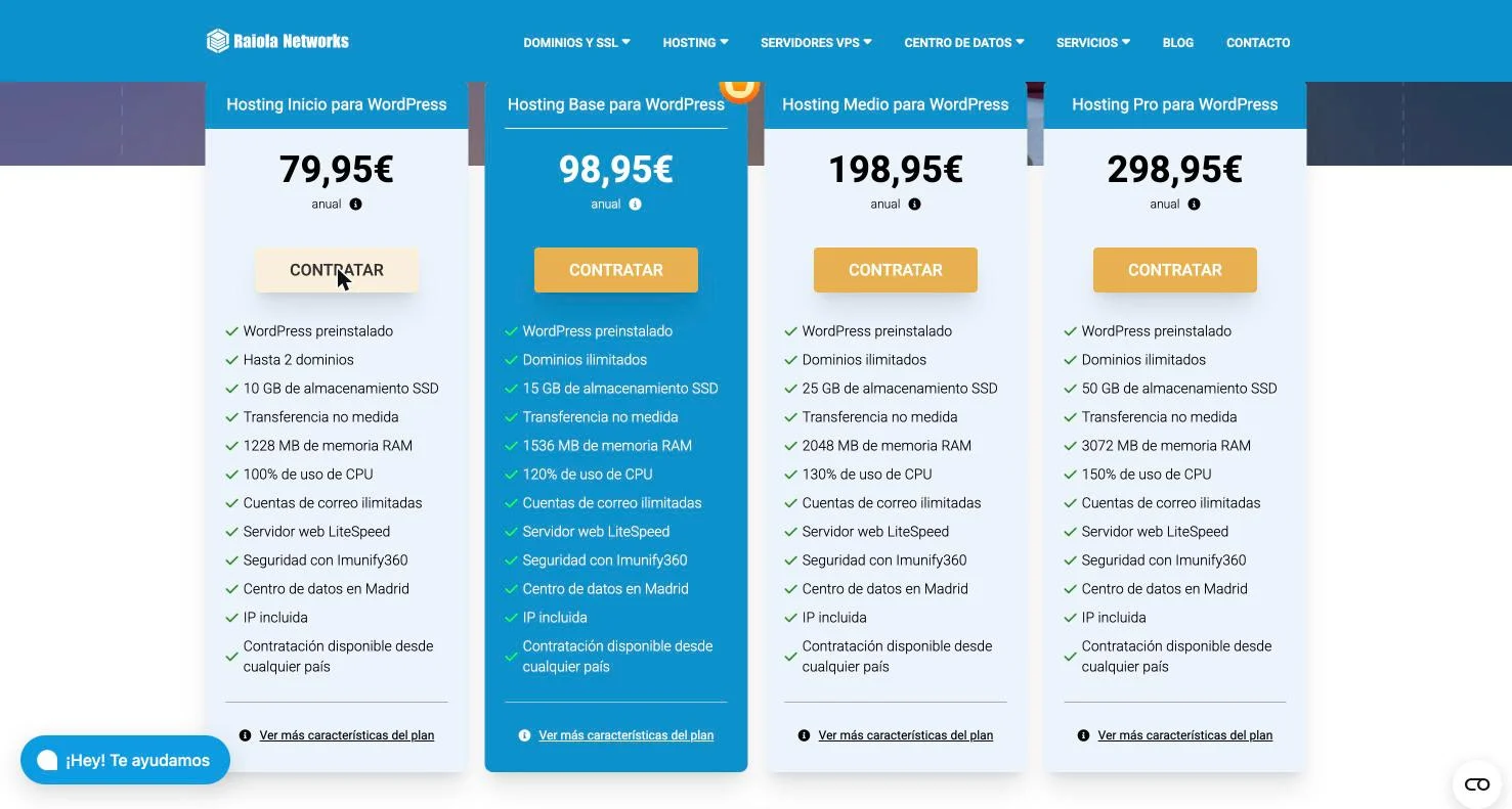 Tarjeta del plan Hosting Inicio para WordPress con el botón Contratar señalado