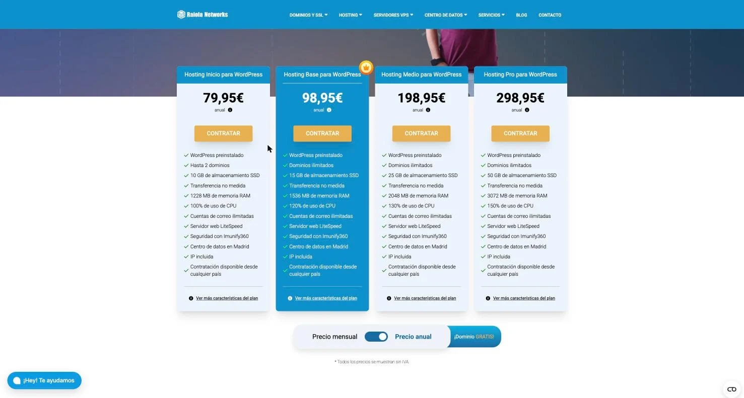 Los cuatro planes de hosting para WordPress de Raiola con el selector en Precio anual