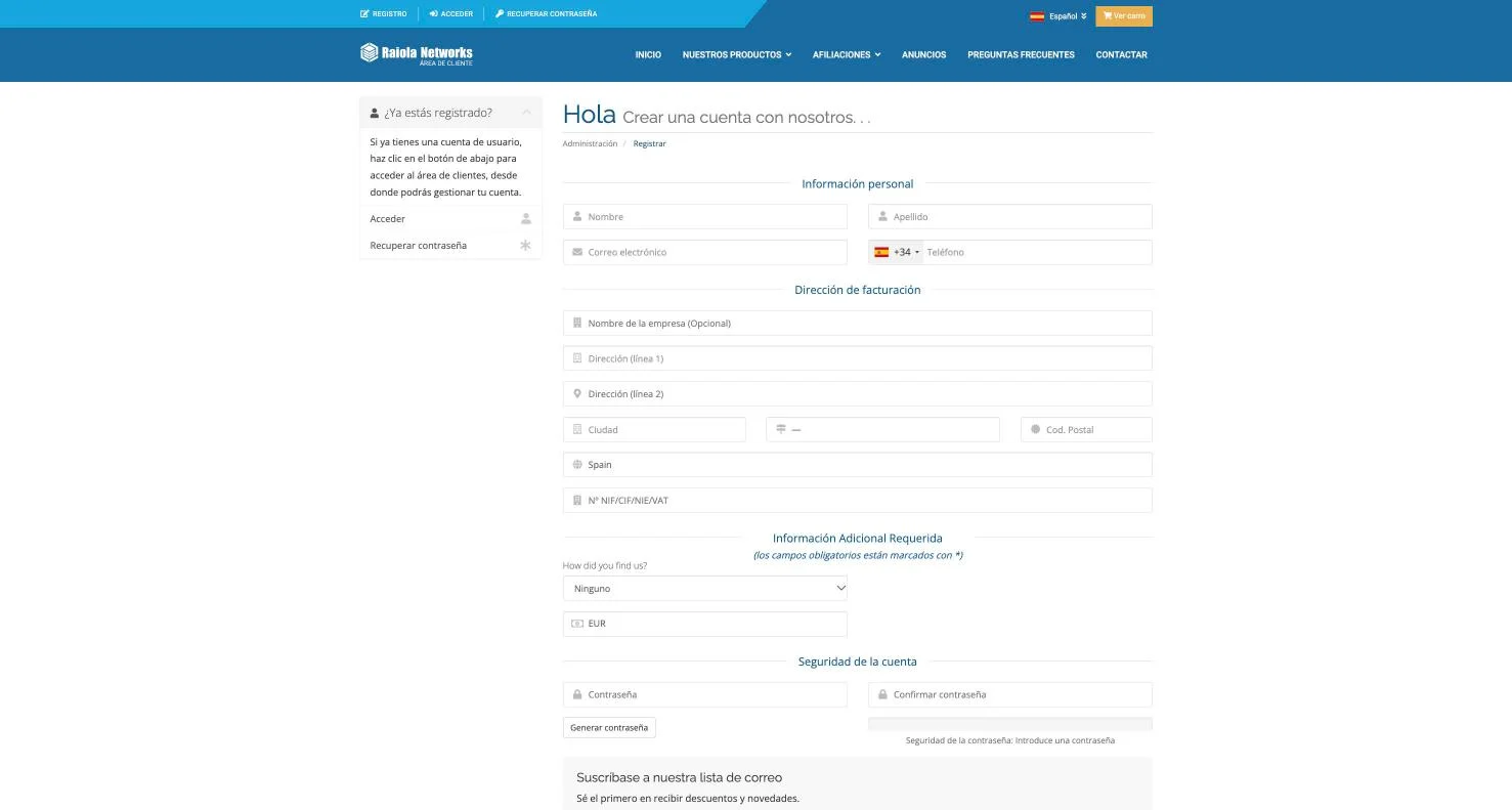Formulario de registro de cliente de Raiola con datos personales, dirección de facturación, NIF y contraseña vacíos