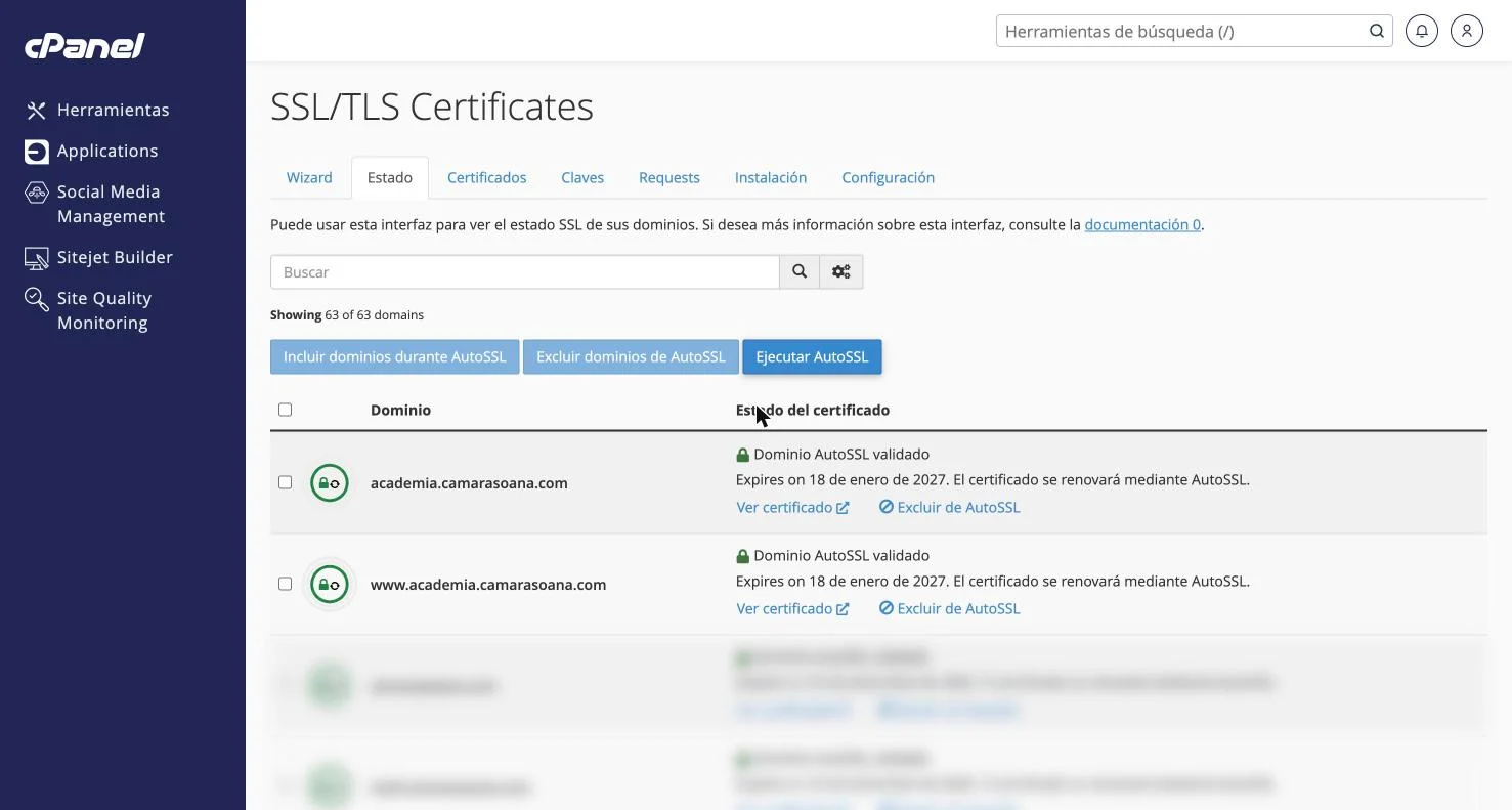 Pestaña Estado de SSL/TLS en cPanel con el dominio y el www con certificado AutoSSL validado