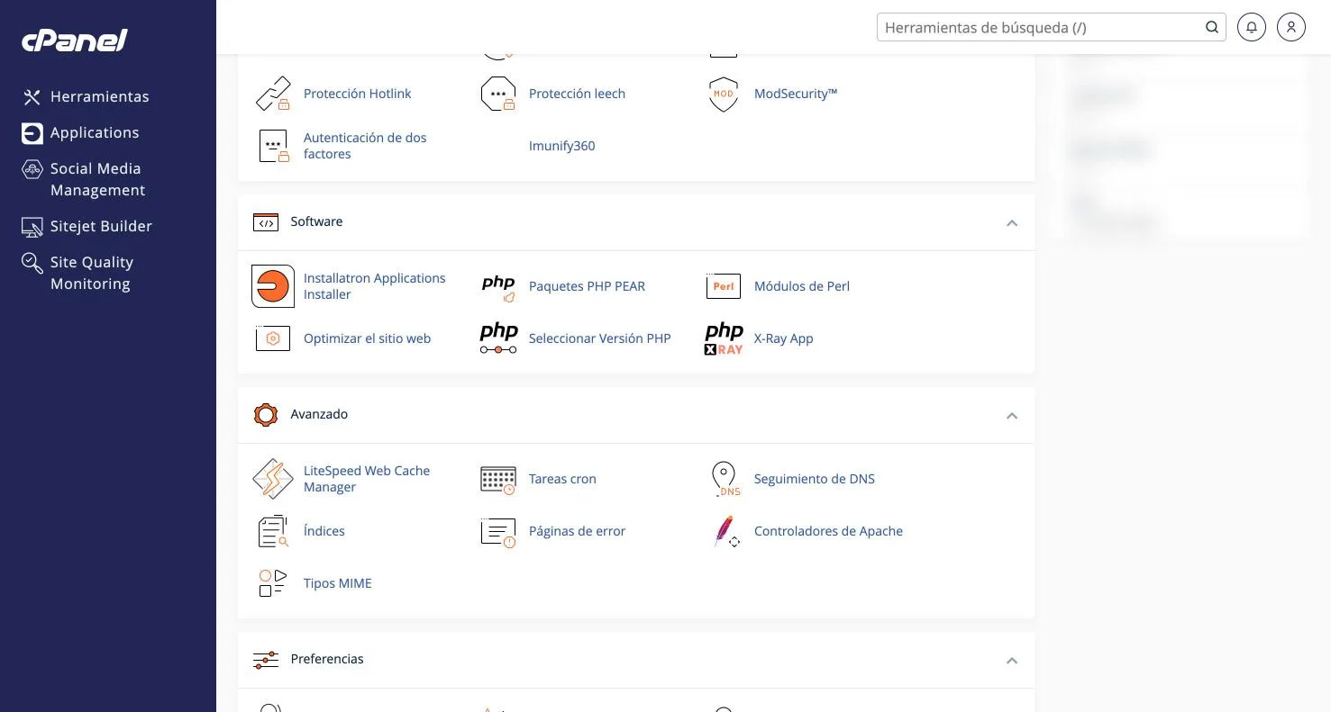 cPanel con el buscador de herramientas arriba y la sección Software con Installatron Applications Installer