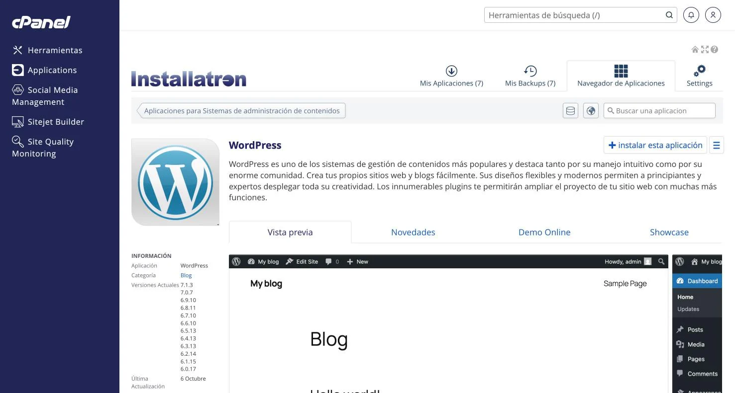 Ficha de WordPress en el navegador de aplicaciones de Installatron con el botón + instalar esta aplicación