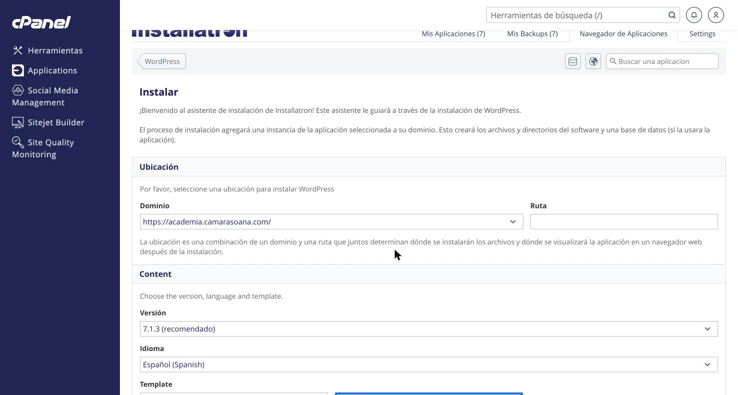 Bloque Ubicación del instalador de WordPress en Installatron con el dominio https elegido y la Ruta vacía