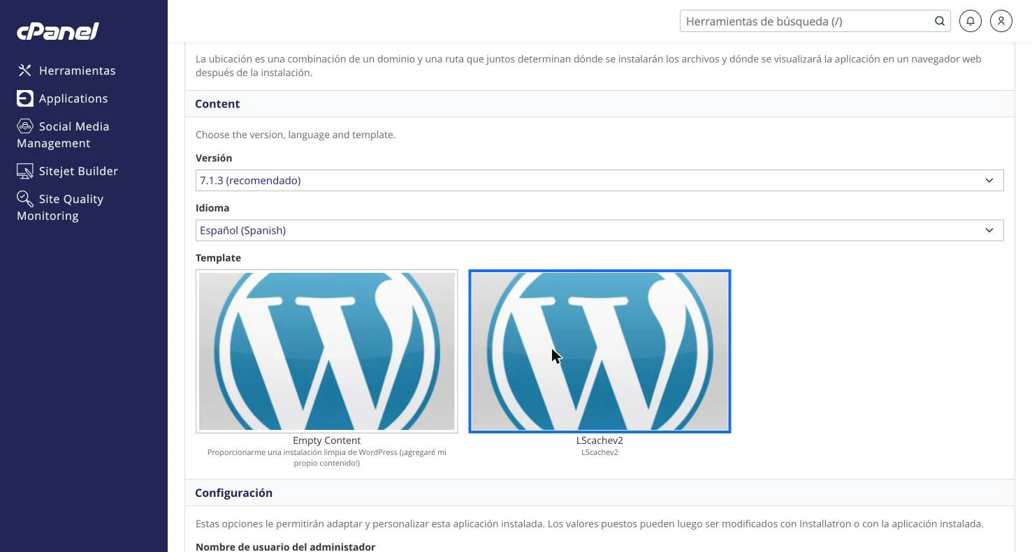 Bloque Content del instalador de Installatron con la versión recomendada de WordPress y el idioma Español