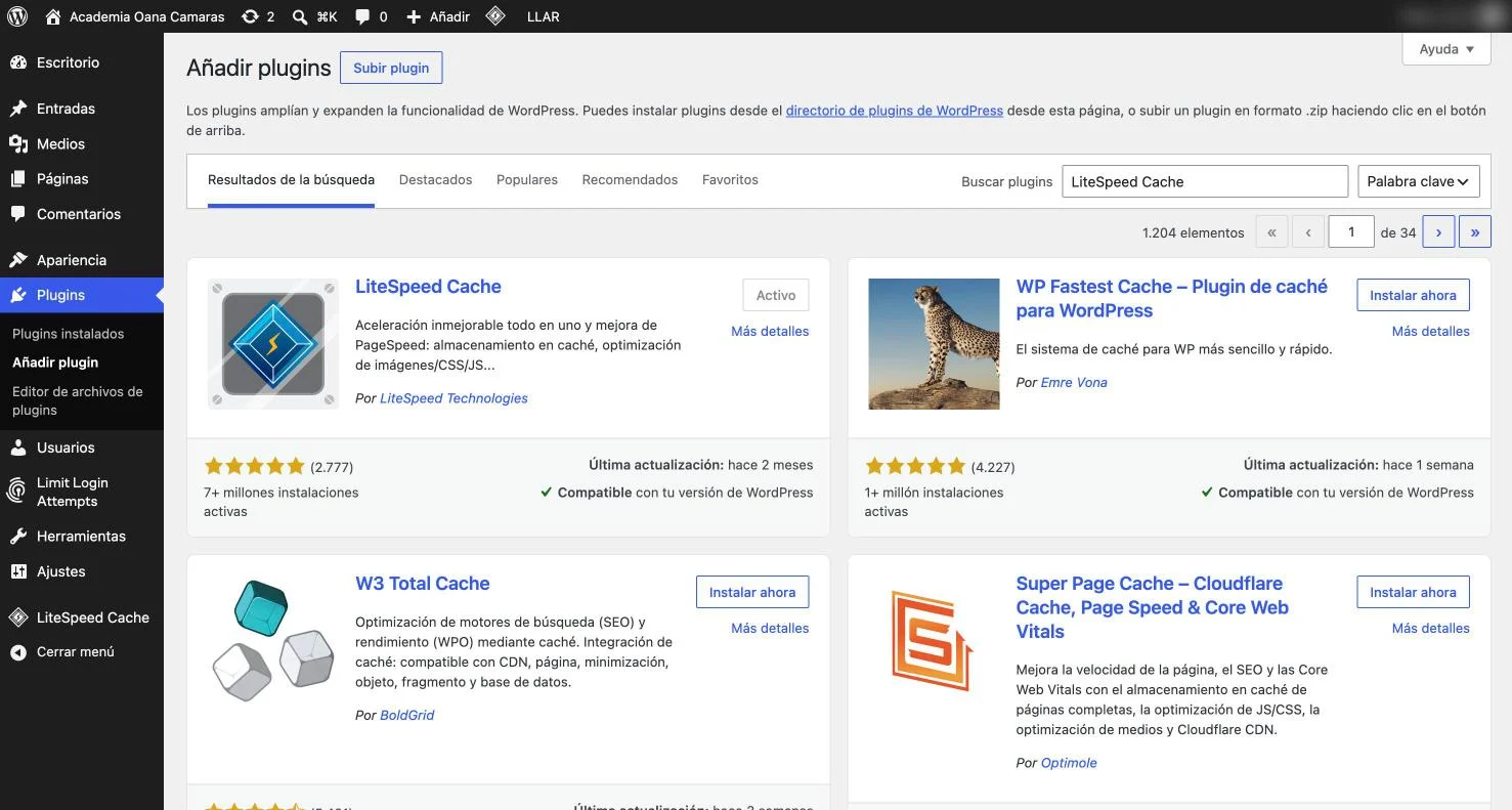 Pantalla Añadir plugins de WordPress con LiteSpeed Cache de LiteSpeed Technologies en los resultados