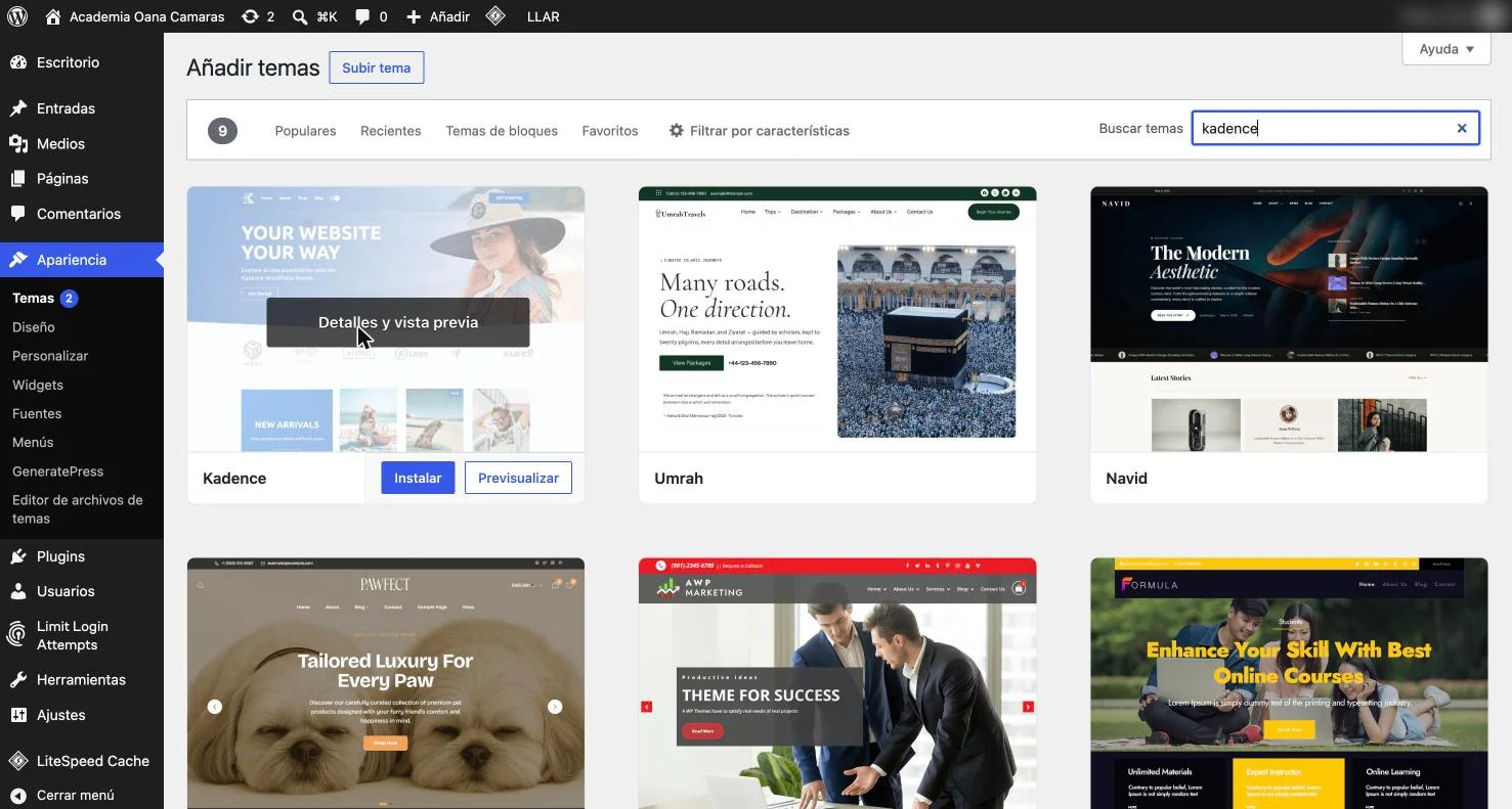 Pantalla Añadir temas de WordPress con Kadence en los resultados y el botón Instalar