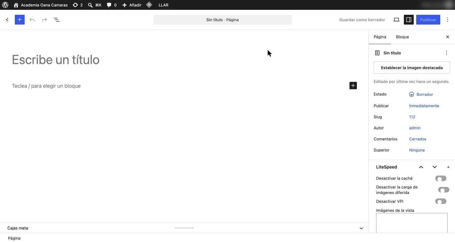Editor de bloques de WordPress con una página nueva vacía, el campo del título y la barra superior con el botón + y Publicar