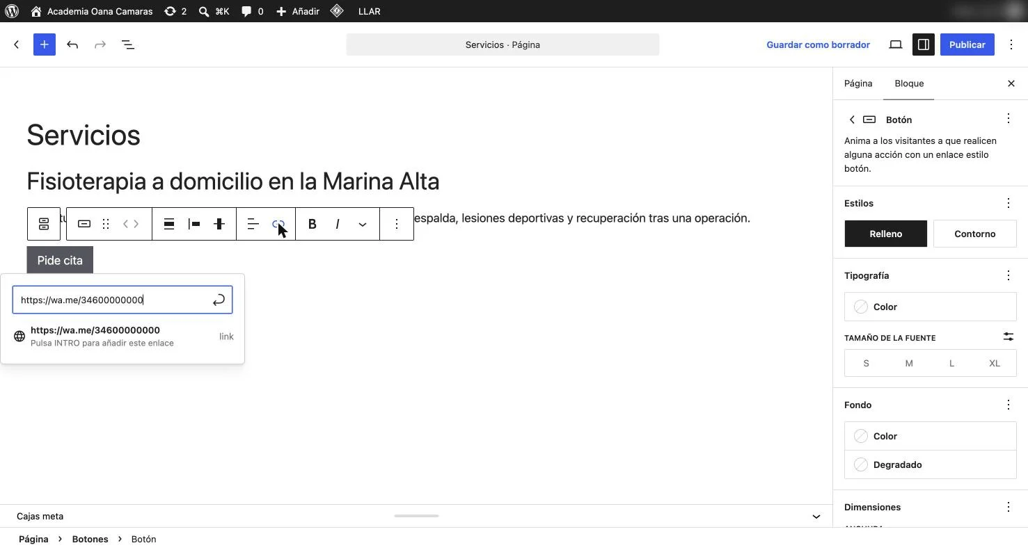 Bloque Botones con el campo de enlace abierto bajo el botón Pide cita y una dirección escrita