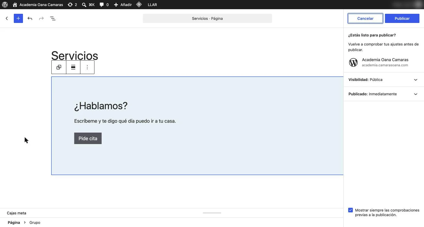 Panel de confirmación del editor con la pregunta Estás listo para publicar y el segundo botón Publicar arriba a la derecha
