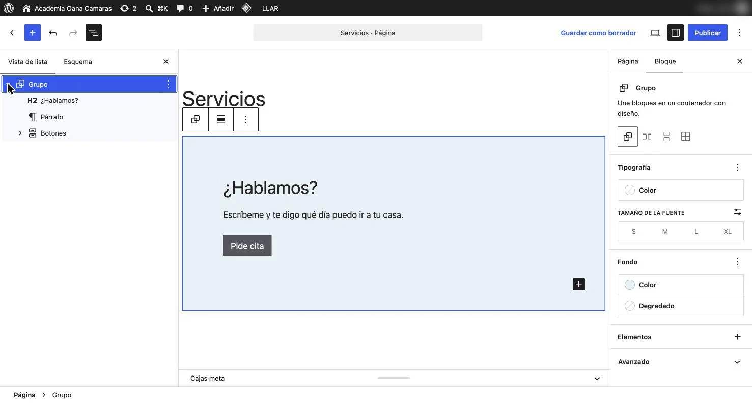 Vista de lista del editor con un encabezado, un párrafo y botones dentro de un Grupo, y el color de fondo del grupo en el panel derecho