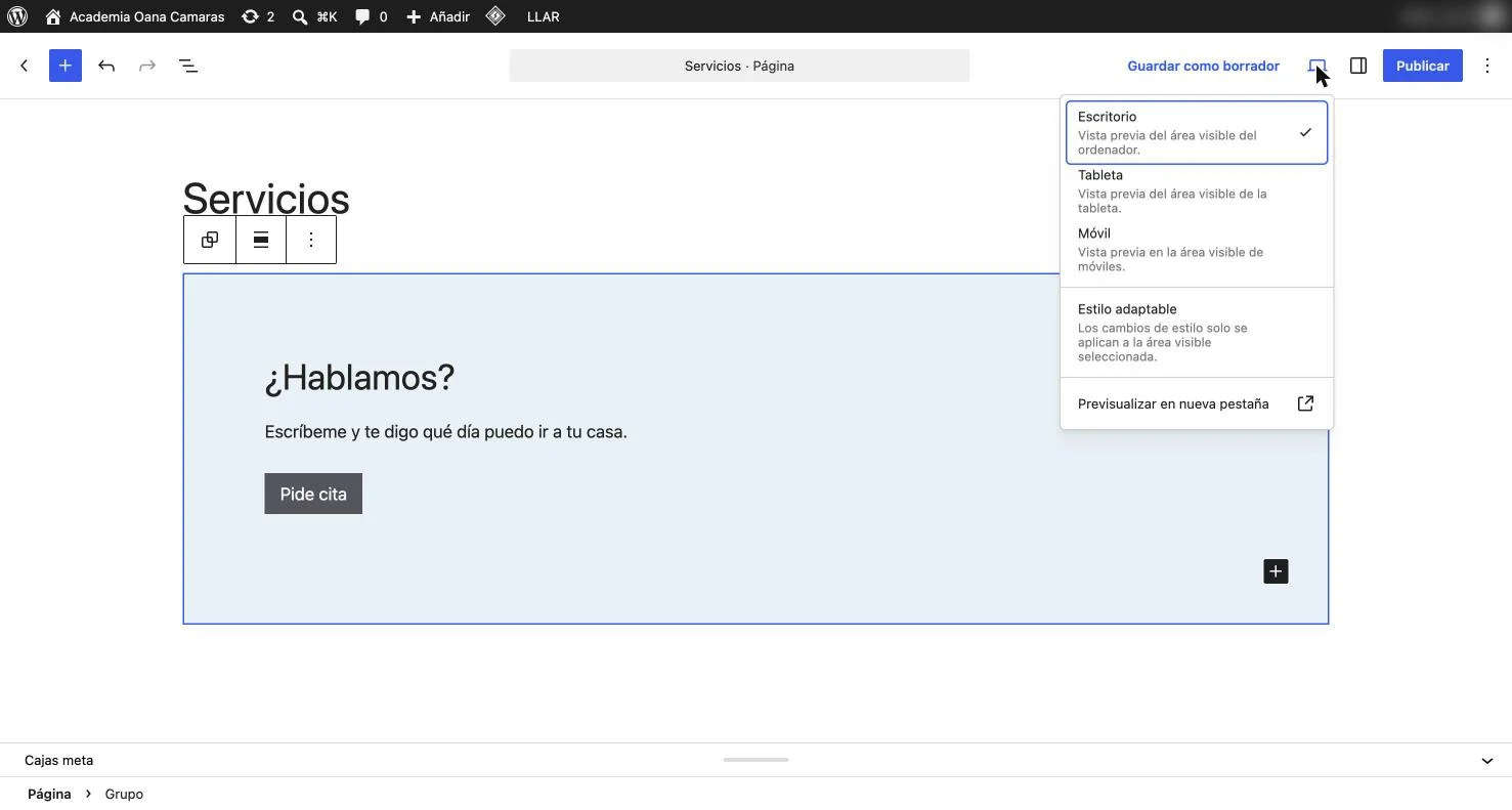 Editor de bloques con el menú de vista previa abierto con las opciones Escritorio, Tableta y Móvil