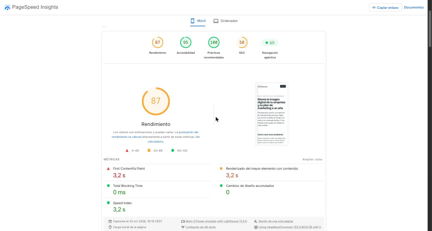 Resultado de PageSpeed Insights en la pestaña Móvil con la nota de Rendimiento