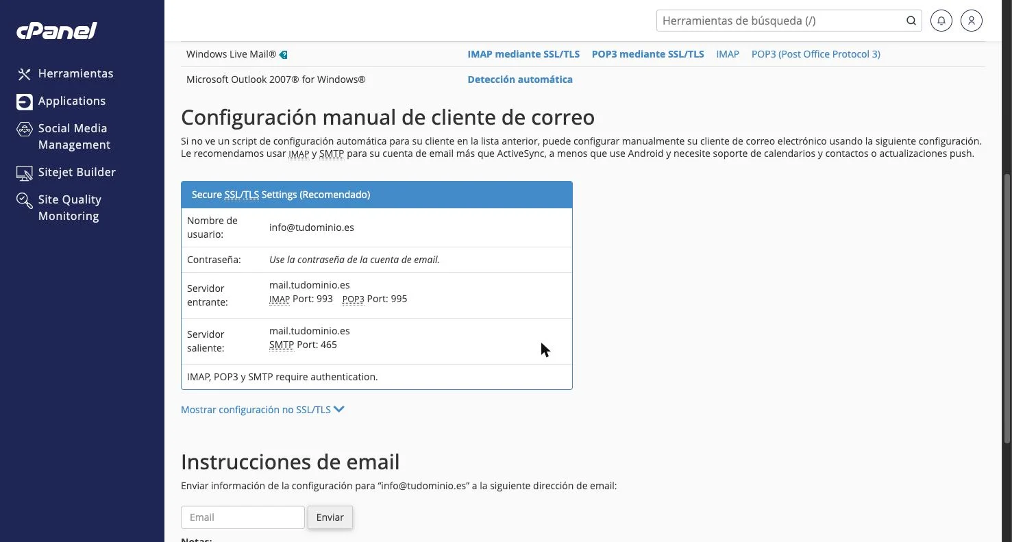 Configuración manual de cliente de correo en cPanel con la tabla de ajustes SSL/TLS recomendados: IMAP puerto 993 y SMTP puerto 465