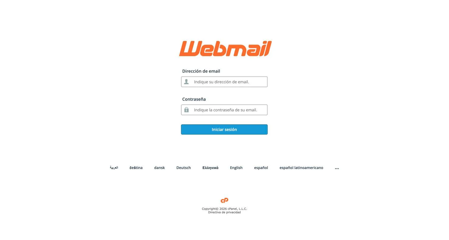 Pantalla de acceso a Webmail de cPanel con los campos Dirección de email y Contraseña