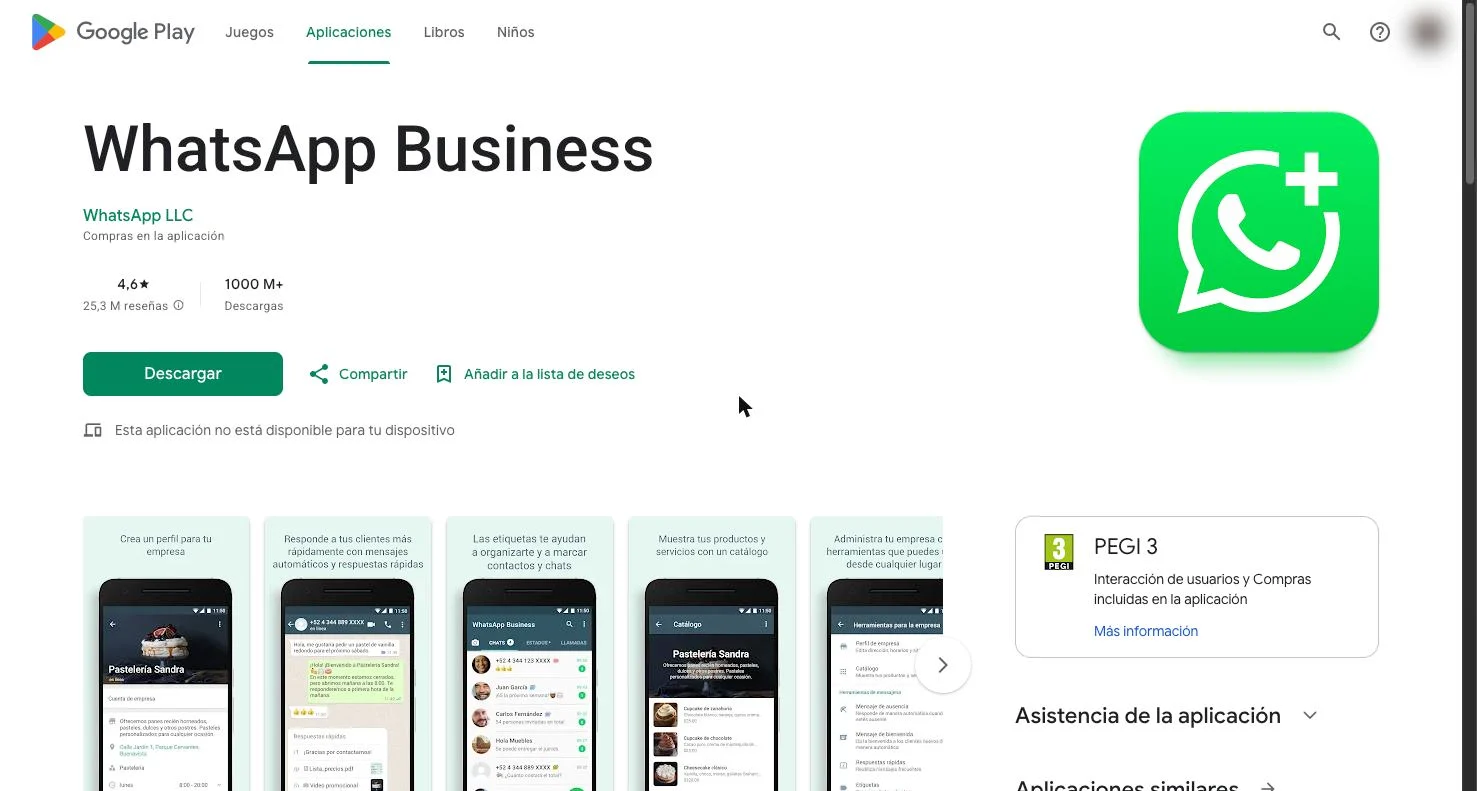 Ficha de WhatsApp Business en Google Play con el icono y el desarrollador WhatsApp LLC
