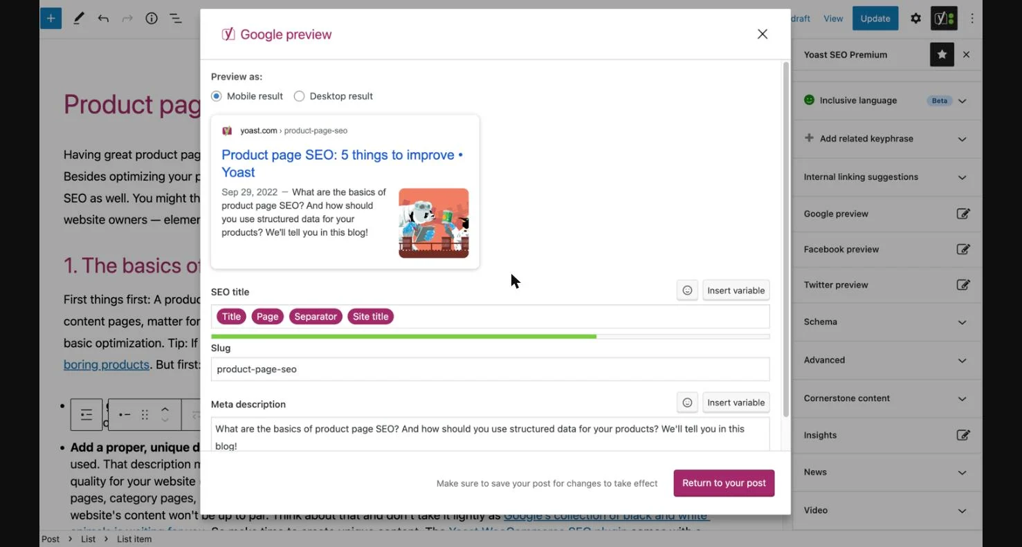 Ventana de vista previa de Google de Yoast SEO con el título SEO, el slug y la meta descripción con sus barras de longitud